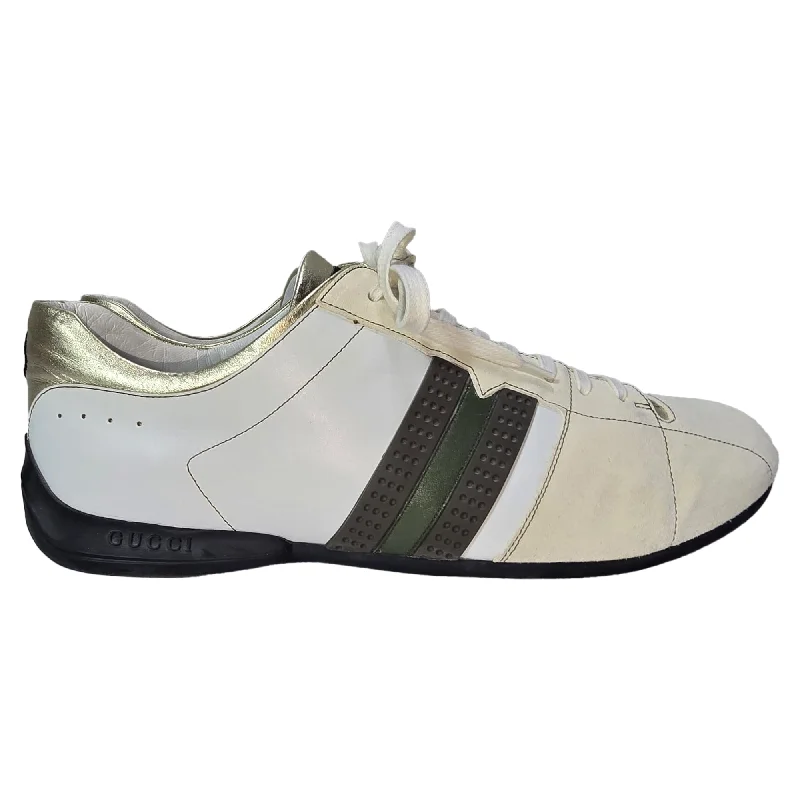 Gucci Web Lace-Up Sneakers in Cream Suede and Leather