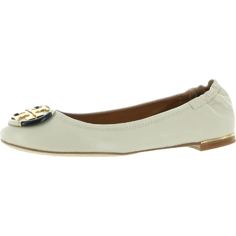 Flats with onsite amenities-Tory Burch Womens Multi Logo Elastic Ballet Leather Round Toe Ballet Flats