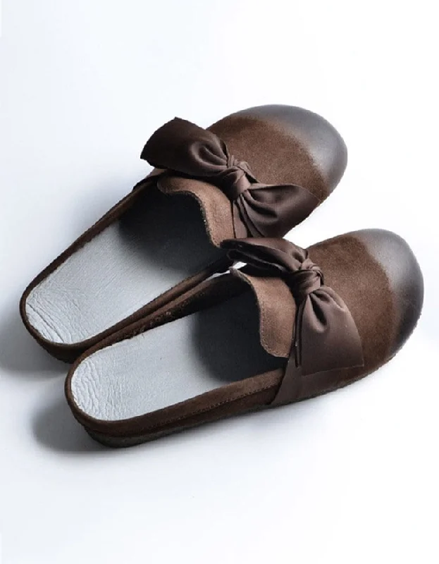 running shoes for icy conditions-Retro Leather Bowknot Soft Bottom Slippers