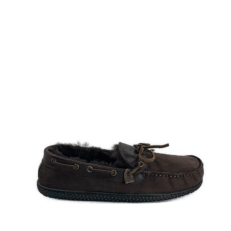 running shoes for weekend races-In Stock Men’s Hearth ESQ Slipper: Chocolate Brown