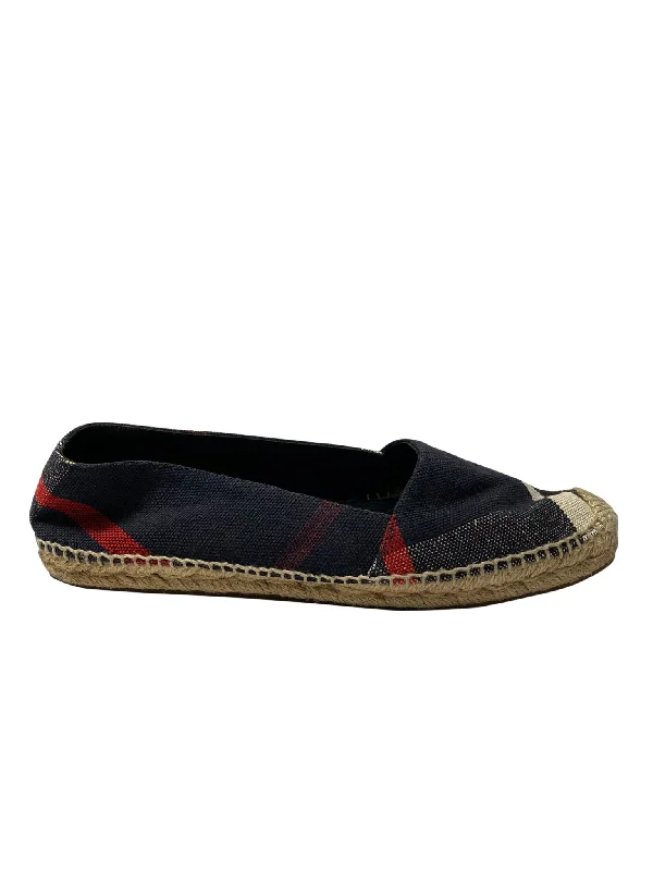 running shoes with sturdy frame-Burberry Checked Espadrilles in Navy Blue Canvas