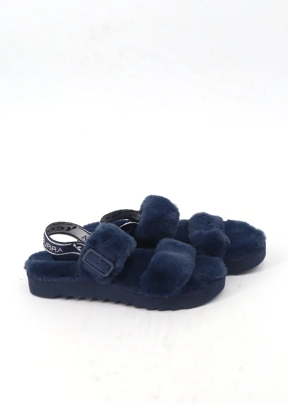 running shoes for moderate pace-Women's Faux Fur Platform Slippers,Navy