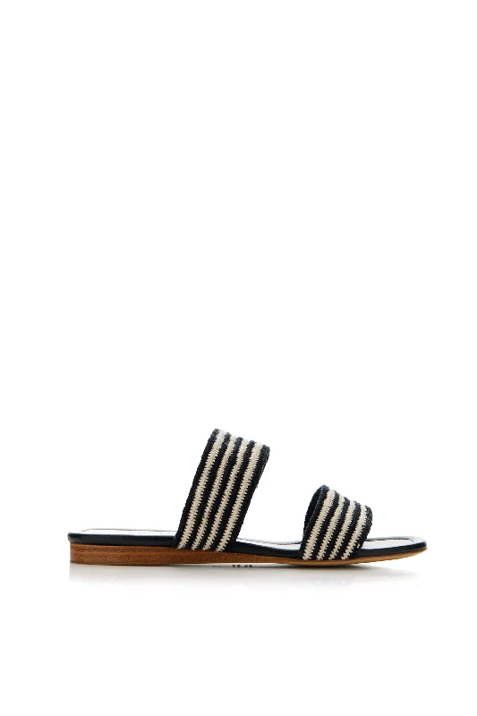 Flats in quiet community-Lora Flat Sandal in Black & White Nappa Leather Crochet