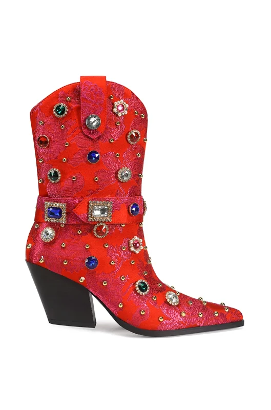 cushioned sandals for walking-Latest boot trends for women-DILIGENT-RED WESTERN BOOTIE