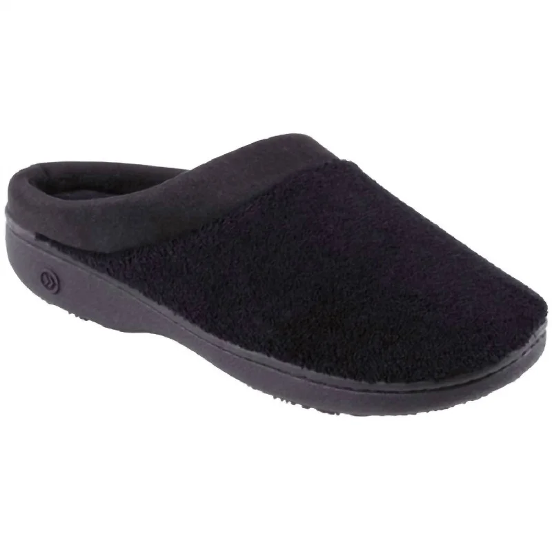 running shoes with white design-Women's Microterry Pillowstep Satin Cuff Clog Slipper In Black