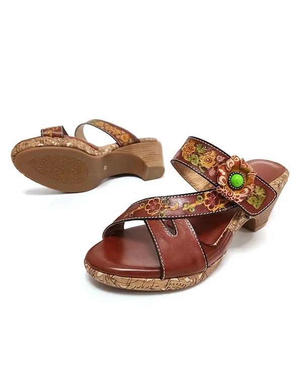 running shoes for long lasting comfort-Ethnic Vintage Handmade Flowers Leather Slippers