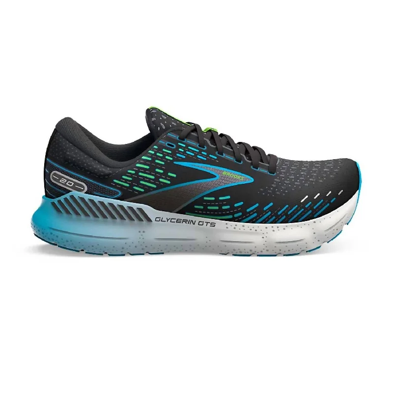 running shoes for fast tempo-Men's Glycerin Gts 20 Running Shoes In Black/hawaiian Ocean/green