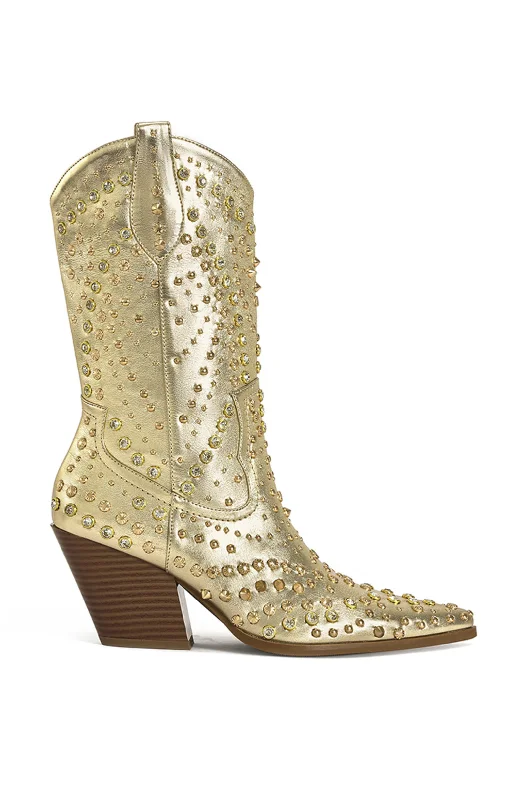 sandals for dry dirt-Do boots suit jogger pants-APPEASE-GOLD STUDDED WESTERN BOOTIE