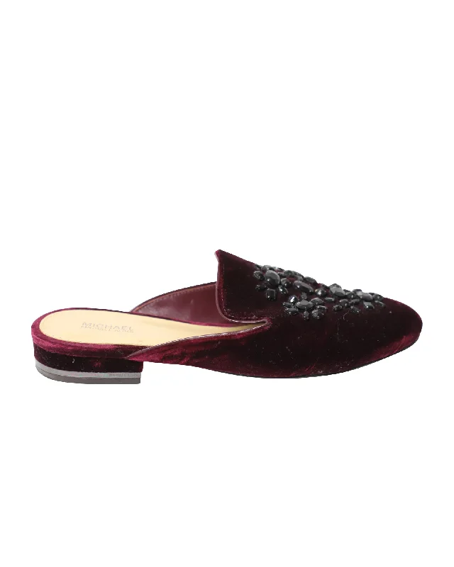 running shoes with dust proof-Michael Kors Crystal-Embellished Slip-On Flat Mules in Burgundy Velvet