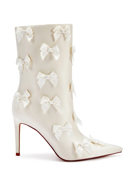 sandals with high traction-How to clean velvet boots-TAF-CREAM SATIN BOW STILETTO BOOTIE