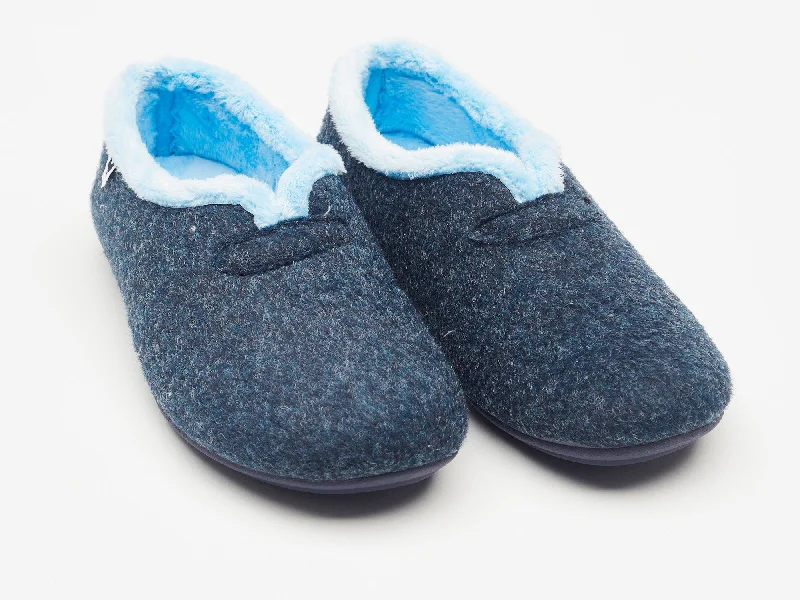 running shoes with extra cushion-Women's navy blue felt and faux fur slippers