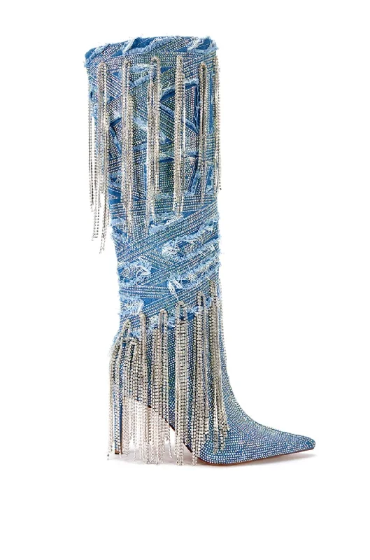 sandals for weekly strolls-Where to find suave boots-MISCHIEF-DENIM CRYSTAL TASSEL STILETTO BOOT